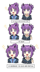 Rule 34 | 2girls, :d, arknights, black jacket, black shirt, blue shirt, bright pupils, chibi, hand up, hibiscus (arknights), highres, horns, index finger raised, jacket, lava (arknights), looking at viewer, multiple girls, multiple views, necktie, open mouth, purple eyes, purple hair, shirt, short hair, siblings, simple background, sisters, smile, tofudofu, twintails, white background, white pupils