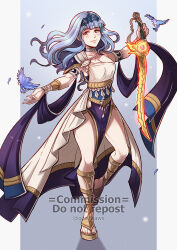 Rule 34 | 1girl, bird, blue hair, blutgang (fire emblem), breasts, choker, cleavage, commentary, dancer (fire emblem: three houses), dress, fire emblem, fire emblem: three houses, fire emblem warriors: three hopes, full body, gladiator sandals, gzei, hairband, highres, holding, holding sword, holding weapon, long hair, marianne von edmund, medium breasts, nintendo, official alternate hairstyle, pelvic curtain, sandals, single-shoulder dress, solo, standing, sword, thighs, weapon, white dress