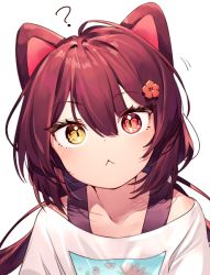 1girl :&lt; ? animal_ears blouse blush brown_hair closed_mouth dog_ears flower hair_between_eyes hair_flower hair_ornament inui_toko nijisanji open_mouth portrait red_eyes red_flower shirt simple_background solo sukuna136 virtual_youtuber white_background white_shirt yellow_eyes