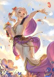 Rule 34 | 1girl, :d, abinosu0903, armpits, bare shoulders, blush, bouquet, breasts, brown eyes, cleavage, collarbone, dress, falling petals, fire emblem, fire emblem awakening, fire emblem heroes, flower, hair flower, hair ornament, highres, holding, holding bouquet, long hair, looking at viewer, looking to the side, medium breasts, nintendo, official alternate costume, open mouth, outdoors, outstretched arm, petals, robin (female) (fire emblem), robin (female) (valentine) (fire emblem), robin (fire emblem), sleeveless, smile, solo, sunlight, twintails, white hair