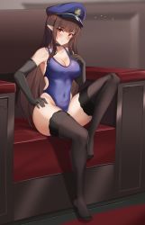 Rule 34 | 1girl, absurdres, bad id, bad pixiv id, bare shoulders, black choker, black gloves, black thighhighs, blue hat, blue one-piece swimsuit, blunt bangs, blush, breasts, brown hair, choker, cleavage, collarbone, commission, competition swimsuit, covered navel, elbow gloves, feet, full body, gloves, halterneck, hand on own chest, hand on own hip, hat, head tilt, highleg, highleg swimsuit, highres, knee up, large breasts, long hair, looking at viewer, navel, one-piece swimsuit, original, pharamacom, pointy ears, police hat, red eyes, sitting, solo, swimsuit, thick thighs, thighhighs, thighs, very long hair