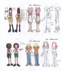 Rule 34 | alternate costume, alternate hairstyle, belt, boots, bracket, character profile, character sheet, choker, cowboy hat, crop top, digimon, digimon adventure 02, dress, flip-flops, hair buns, hair ornament, hairclip, hat, highres, jewelry, long skirt, necklace, official art, pants, ponytail, sandals, shoes, shorts, skirt, tachikawa mimi, wristband