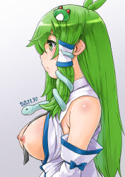 Rule 34 | 1girl, black necktie, blue bow, blush, body blush, bow, breasts, breasts out, closed mouth, collared shirt, commentary request, dated, detached sleeves, expressionless, frog hair ornament, from side, green eyes, green hair, grey background, hair between eyes, hair ornament, highres, kei jiei, kochiya sanae, large breasts, long hair, looking afar, necktie, nipples, open clothes, open shirt, profile, shirt, single hair tube, sleeve bow, sleeveless, sleeveless shirt, snake hair ornament, solo, touhou, upper body, white shirt, white sleeves