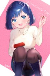 Rule 34 | 1girl, :d, blue eyes, blue footwear, blue hair, blue skirt, blush, boots, box, breasts, brown pantyhose, candy, chocolate, chocolate heart, crescent, crescent earrings, earrings, fang, fingernails, food, gift, gift box, glint, heart, highres, holding, holding box, holding food, jewelry, knee boots, kneeling, large breasts, long sleeves, medium breasts, miniskirt, nanaki awa, necklace, open mouth, original, pantyhose, pink lips, ribbed shirt, ribbed sweater, shirt, short hair, signature, skirt, smile, solo, star (symbol), star necklace, sweater, turtleneck, valentine