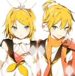Rule 34 | 1boy, 1girl, blonde hair, blue eyes, blush, brother and sister, commentary, hair ornament, hair ribbon, hairclip, headset, heart, heart hair ornament, kagamine len, kagamine rin, lpip, ribbon, sailor collar, scarf, short hair, siblings, sleeves past wrists, smile, twins, vocaloid