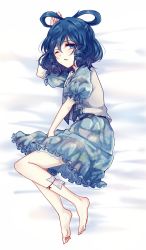 Rule 34 | 1girl, arm up, barefoot, bed sheet, belt, black belt, blue dress, blue eyes, blue hair, blush, commentary request, dress, drill hair, drill sidelocks, eyes visible through hair, floral print, frills, full body, hair between eyes, hair rings, highres, kaku seiga, looking at viewer, lying, ofuda, on side, one eye closed, parted lips, puffy short sleeves, puffy sleeves, short hair, short sleeves, sidelocks, solo, thighs, touhou, uranaishi (miraura), veins, vest, white vest, wing collar