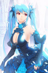 Rule 34 | 1girl, bare shoulders, blue dress, blue eyes, blue hair, breasts, choker, cleavage, detached sleeves, dress, elbow gloves, gloves, halterneck, large breasts, lolita fashion, long hair, lowres, luthica preventer, matching hair/eyes, red eyes, smile, solo, sword girls, twintails, very long hair
