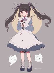 Rule 34 | 1girl, apron, black footwear, black ribbon, blood, blue shirt, blue skirt, bobby socks, brown eyes, brown hair, emma (kumaema), flower, frilled apron, frills, full body, ghost, hair ribbon, holding, holding flower, injury, long hair, long sleeves, looking at viewer, mary janes, neck ribbon, original, puffy long sleeves, puffy sleeves, ribbon, rose, shirt, shoes, sidelocks, simple background, skirt, socks, solo, standing, torn clothes, torn shirt, torn skirt, twintails, twitter username, white apron, white socks, wing collar
