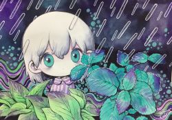 Rule 34 | 1girl, aqua eyes, artist name, dated, expressionless, grey hair, highres, leaf, looking at viewer, medium hair, no nose, original, rain, signature, solo, striped, surreal, upper body, zukky000