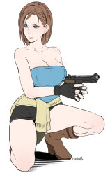 Rule 34 | 1girl, bare shoulders, boots, breasts, brown hair, butcha-u, capcom, casual, cleavage, clothes around waist, commentary request, fingerless gloves, flat color, gloves, grey eyes, gun, handgun, highres, jill valentine, large breasts, on one knee, pencil skirt, pistol, resident evil, resident evil 3, resident evil 3: nemesis, short hair, skirt, solo, strapless, sweater, sweater around waist, trigger discipline, weapon, white background