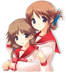 Rule 34 | 00s, 1girl, :o, blue eyes, blush, brown hair, folded ponytail, komaki manaka, long sleeves, parted lips, school uniform, simple background, smile, solo, to heart (series), to heart 2, upper body, white background, yuri