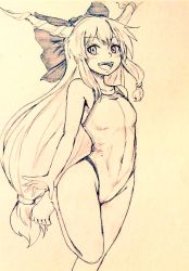 Rule 34 | 1girl, barefoot, bow, breasts, commentary request, competition swimsuit, covered navel, d-m (dii emu), eyelashes, greyscale, hair bow, horns, ibuki suika, leg up, long hair, looking at viewer, monochrome, one-piece swimsuit, oni horns, open mouth, small breasts, standing, standing on one leg, swimsuit, toes, touhou, traditional media