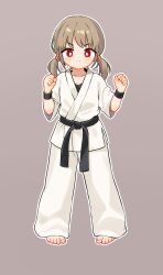 Rule 34 | 1girl, barefoot, belt, black belt, black wristband, brown hair, chinese commentary, clenched hand, closed mouth, collarbone, commentary request, dougi, full body, grey background, highres, karate, kuma-bound, low twintails, martial arts belt, medium hair, original, pants, red eyes, solo, standing, toes, twintails, v-shaped eyebrows, white pants