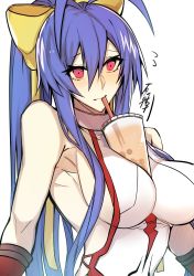 Rule 34 | 1girl, antenna hair, armpits, backless outfit, bad id, bad twitter id, bare shoulders, bendy straw, between breasts, blazblue, blazblue: central fiction, blazblue variable heart, blue hair, blush, bow, breasts, bubble tea, bubble tea challenge, cup, disposable cup, drink, drinking, drinking straw, fingerless gloves, genderswap, genderswap (mtf), gloves, hair between eyes, hair bow, halterneck, highres, impossible clothes, large breasts, long hair, lowleg, lowleg pants, mai natsume, medium breasts, meme, object on breast, pants, red eyes, revealing clothes, roas01b, sideboob, simple background, skin tight, solo, upper body, very long hair, white background, yellow bow