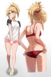 Rule 34 | 1girl, ass, back, blonde hair, bra, braid, breasts, butt crack, covering crotch, covering privates, dolphin shorts, fate/apocrypha, fate (series), female focus, french braid, full body, glasses, green eyes, highres, long hair, looking at viewer, mordred (fate), mordred (fate/apocrypha), multiple views, panties, parted bangs, pink shorts, ponytail, red bra, red panties, short shorts, short sleeves, shorts, sidelocks, simple background, slippers, small breasts, tonee, underwear