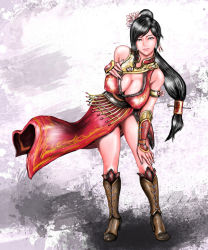 Rule 34 | 1girl, armlet, bare legs, black hair, boots, breasts, chinese clothes, cleavage, covered erect nipples, donguri sensei, ear piercing, flower, flower on head, flower ornament, hair ornament, hand on own chest, large breasts, lian shi, long hair, piercing, ponytail, shin sangoku musou, vambraces, wrist guards