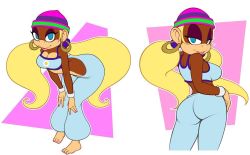 Rule 34 | 1girl, ape, ass, beanie, bent over, blonde hair, breasts, clothes, donkey kong (series), donkey kong 64, earrings, furry, furry female, hat, jewelry, large breasts, nintendo, nitro, short twintails, solo, tiny kong, twintails, wrist cuffs
