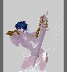 Rule 34 | 1other, androgynous, bad id, bad pixiv id, blue eyes, blue hair, blunt bangs, colored eyelashes, full body, glowing, glowing eye, golden arms, grey background, heterochromia, houseki no kuni, kneeling, looking at viewer, lunch (lunchicken), necktie, open mouth, phosphophyllite, phosphophyllite (ll), see-through, short hair, smile, solo, sparkle, spoilers, sword, weapon, white eyes