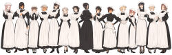 Rule 34 | 6+girls, absurdres, apron, black dress, black footwear, breasts, dress, edea (throtem), elliot (throtem), full body, hat, high heels, highres, juliet sleeves, kana (throtem), kei (throtem), large breasts, lily (throtem), long dress, long sleeves, looking at viewer, maid, martha (throtem), mary janes, matilda (throtem), mirna (throtem), mob cap, multiple girls, nora (throtem), original, puffy sleeves, rosemary (throtem), saki (throtem), sara (throtem), shoes, simple background, throtem, tiana (throtem), torako (throtem), white apron, white background, yuri (throtem)