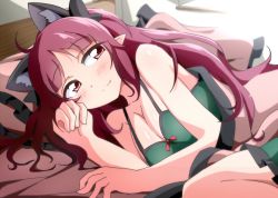 Rule 34 | 1girl, animal ears, blanket, breasts, bwell, cat ears, cleavage, extra ears, fang, hair down, kaenbyou rin, long hair, looking at viewer, lying, nightgown, on side, pointy ears, red eyes, red hair, smile, solo, touhou