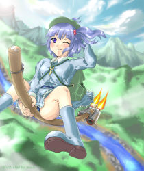 Rule 34 | 1girl, :q, ;q, backpack, bad id, bad pixiv id, bag, blue eyes, blue hair, boots, broom, broom riding, day, female focus, hand on headwear, hat, kawashiro nitori, key, matching hair/eyes, mochi.f, mountain, one eye closed, panties, randoseru, river, short hair, sky, solo, swimsuit, swimsuit under clothes, tongue, tongue out, touhou, two side up, underwear, wink
