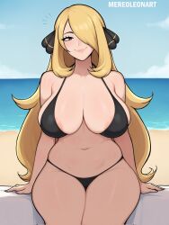 1girl areola_slip artist_name bare_shoulders beach bikini black_bikini blonde_hair breasts cloud cloudy_sky creatures_(company) cynthia_(pokemon) game_freak hair_ornament hair_over_one_eye head_tilt highres large_breasts legs_together long_hair mereoleonart navel nintendo outdoors pokemon pokemon_bw sitting sky smile solo swimsuit thick_thighs thighs very_long_hair water