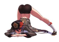 Rule 34 | 1girl, absurdres, arm rest, ass, atelier30, black coat, black footwear, black hat, black shorts, blush, breasts, brown hair, coat, coattails, flexible, flower, genshin impact, guilty gear, guilty gear strive, hands on ground, hat, hat flower, highres, hu tao (genshin impact), jack-o&#039; challenge, kneehighs, long hair, long sleeves, looking at viewer, meme, plum blossoms, red eyes, shorts, small breasts, socks, solo, spread legs, symbol-shaped pupils, top-down bottom-up, twintails, very long hair, white socks, wide spread legs