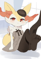 Rule 34 | 1girl, :&lt;, absurdres, animal ear fluff, animal ears, animal feet, animal hands, animal nose, artist name, black fur, black ribbon, blush, body fur, braixen, brown hat, closed mouth, clothed pokemon, creatures (company), dress, feet, female focus, flat chest, fox ears, fox girl, fox tail, frilled dress, frills, furry, furry female, game freak, gen 6 pokemon, grey dress, hat, highres, indoors, kneepits, leaning back, legs up, looking at viewer, multicolored fur, natsumiko, neck ribbon, nintendo, pokemon, pokemon (creature), red eyes, ribbon, short dress, signature, sitting, sleeveless, sleeveless dress, solo, tail, tilted headwear, twitter username, white fur, window, yellow fur