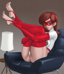 Rule 34 | 1girl, ass, breasts, brown hair, domino mask, elastigirl, fetal position, helen parr, highres, large breasts, leotard, lips, mask, sitting, smile, solo, stirrup legwear, the incredibles, thick thighs, thighs, toeless legwear, toes, white leotard, wide hips, xplotter