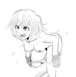 Rule 34 | 1girl, armpits, artist request, bent over, blush, boku no hero academia, boots, bow, bow panties, breasts, butt crack, clenched hands, collarbone, determined, embarrassed, exhibitionism, eyelashes, female focus, full body, gloves, hagakure tooru, hair between eyes, hanging breasts, imminent fight, invisible, leaning forward, legs, looking away, medium breasts, medium hair, monochrome, neck, nipples, nude, open mouth, panties, panties around leg, panty pull, public indecency, ribbon panties, sidelocks, simple background, solo, spoilers, standing, standing on one leg, sweat, sweatdrop, thighs, truth, underwear, undressing, unworn clothes, unworn panties, v-shaped eyebrows, white background, white panties