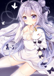 Rule 34 | 1girl, :o, absurdres, ahoge, arlene (ju), azur lane, bare shoulders, black bow, black ribbon, blush, bow, breasts, closed eyes, clothing cutout, collarbone, criss-cross halter, detached sleeves, dress, dress bow, hair between eyes, hair bun, hair ribbon, halterneck, hand up, highres, long hair, long sleeves, looking at viewer, medium breasts, hugging object, one side up, panties, parted lips, purple eyes, purple hair, ribbon, side bun, side cutout, single hair bun, single side bun, sitting, sleeves past wrists, solo, stuffed animal, stuffed toy, stuffed winged unicorn, thighhighs, underwear, unicorn (azur lane), very long hair, white dress, white panties, white thighhighs