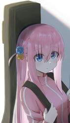 Rule 34 | 1girl, absurdres, blue eyes, bocchi the rock!, closed mouth, commentary request, cube hair ornament, gotoh hitori, hair between eyes, hair ornament, hair over eyes, highres, instrument on back, jacket, long hair, long sleeves, looking at viewer, one side up, partial commentary, pink hair, pink jacket, solo, torigon, track jacket, upper body