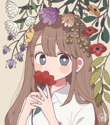 Rule 34 | 1girl, blush, bright pupils, brown hair, commentary, covering own mouth, emma (kumaema), eyelashes, fern, flower, flower request, flower to mouth, highres, holding, holding flower, leaf, long hair, long sleeves, looking at viewer, original, purple flower, red flower, shirt, signature, simple background, solo, symbol-only commentary, upper body, white flower, white pupils, white shirt, yellow background, yellow flower