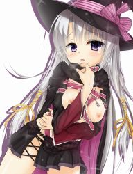 Rule 34 | 1girl, ayachi nene, belt, breasts, buckle, cape, collar, grey hair, hat, highres, long hair, muririn, nipples, no panties, open clothes, open skirt, purple eyes, ribbon, sanoba witch, shadow, skirt, vial, witch hat