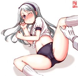 Rule 34 | 1girl, alternate costume, artist logo, asymmetrical bangs, black buruma, buruma, cameltoe, cleft of venus, clothes lift, commentary request, dated, feet out of frame, grey eyes, gym uniform, hairband, highres, kanon (kurogane knights), kantai collection, kneehighs, long hair, looking at viewer, lying, panties, panties under buruma, purple hairband, sagiri (kancolle), shirt, shirt lift, silver hair, simple background, socks, solo, spread legs, swept bangs, tears, underwear, white background, white shirt, white socks