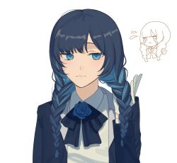 Rule 34 | ado (utaite), alternate hairstyle, black bow, black bowtie, black coat, blue eyes, blue flower, blue hair, blue rose, bow, bowtie, braid, chando (ado), closed mouth, cloud nine inc, coat, collared shirt, colored inner hair, commentary, dark blue hair, flower, flower brooch, gloves, hashtag-only commentary, highres, kanikamaboko mg, light blush, long hair, long sleeves, looking at viewer, mole, mole under eye, multicolored hair, open clothes, open coat, rose, shirt, simple background, solo, twin braids, two-tone hair, upper body, utaite, white background, white gloves, white shirt