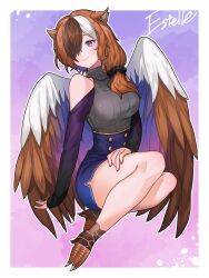 Rule 34 | 1girl, absurdres, animal ears, animal feet, bird wings, blue skirt, brown hair, brown wings, claws, closed mouth, clothing cutout, estelle (cieluscian), feathered wings, full body, gradient background, gradient eyes, grey sweater, hair ornament, hair over one eye, hair over shoulder, hair scrunchie, harpy, high-waist skirt, highres, long hair, long sleeves, low ponytail, monster girl, multicolored background, multicolored eyes, multicolored hair, original, pink background, pink eyes, purple background, purple eyes, scrunchie, second-party source, shoulder cutout, sitting, skirt, sleeveless, sleeveless sweater, sleeves past wrists, solo, streaked hair, sweater, tokitou fuji, turtleneck, turtleneck sweater, white hair, wings