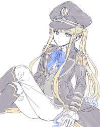 Rule 34 | 1boy, anchor symbol, black footwear, black hat, black jacket, blonde hair, blue bow, boots, bow, character request, closed mouth, collared shirt, crossed legs, epaulettes, fate/grand order, fate (series), feet out of frame, frilled sleeves, frills, gloves, green eyes, grey vest, hat, highres, jacket, knee boots, long hair, long sleeves, looking at viewer, male focus, nemo (fate), open clothes, open jacket, pants, peaked cap, ponytail, shirt, sidelocks, simple background, sitting, sleeves past wrists, solo, tachitsu teto, very long hair, vest, white background, white gloves, white pants, white shirt