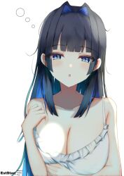 Rule 34 | 1girl, :o, aties20, bare arms, bare shoulders, black hair, blue eyes, blue hair, collarbone, commentary request, dress, frilled dress, frills, hair intakes, hand up, hololive, hololive english, long hair, looking at viewer, multicolored hair, ouro kronii, parted lips, simple background, sleeveless, sleeveless dress, solo, strap slip, two-tone hair, upper body, very long hair, virtual youtuber, white background, white dress