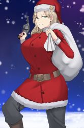 Rule 34 | 1girl, absurdres, belt, blonde hair, boots, breasts, brown belt, brown footwear, buttons, devilukez, dress, frilled dress, frills, green eyes, grey pants, gun, handgun, hat, hearts of iron, highres, holding, holding gun, holding sack, holding weapon, kaiserreich, large breasts, medium hair, night, pants, pom pom (clothes), red dress, red hat, revolver, sack, santa dress, santa hat, second-party source, snowing, solo, weapon