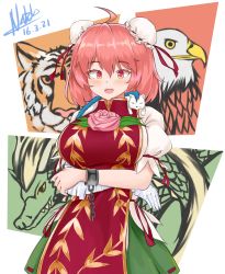 1girl, absurdres, ahoge, bandage, bandaged arm, bandages, bangs, bird, border, breasts, chinese clothes, crossed arms, cuffs, dated, double bun, eagle, eyebrows visible through hair, flower, green skirt, hair between eyes, highres, ibaraki kasen, large breasts, looking at viewer, natch imaycz, open mouth, pink eyes, pink flower, pink hair, pink rose, rose, shackles, short hair, short sleeves, signature, skirt, smile, solo, standing, tabard, tiger, touhou, white border