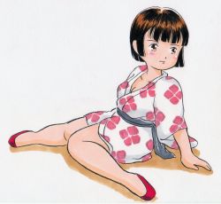 Rule 34 | 1girl, arm support, blush, breasts, brown eyes, brown hair, cleavage, collarbone, floral print, japanese clothes, kimono, long sleeves, looking to the side, marup, print kimono, red footwear, shoes, short hair, sitting, small breasts, white kimono