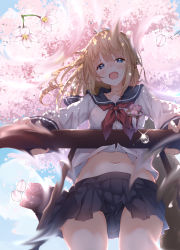 Rule 34 | 1girl, absurdres, bad id, bad pixiv id, blonde hair, blue eyes, blue skirt, blush, cherry blossoms, clothes lift, cloud, cloudy sky, collarbone, commentary request, floating hair, hair between eyes, hand on railing, highres, long hair, looking at viewer, looking down, navel, neckerchief, open mouth, original, petals, pleated skirt, railing, red neckerchief, ripples, sailor collar, school uniform, serafuku, shirt lift, skirt, sky, solo, tears, tree, ukiwakisen