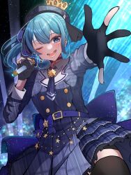 Rule 34 | 1girl, belt, beret, black choker, black gloves, black hat, blue belt, blue eyes, blue hair, choker, commentary, crown, gloves, grey jacket, grey skirt, hat, highres, holding, holding microphone, hololive, hoshimachi suisei, hoshimachi suisei (1st costume), jacket, kimura mitsuki, long hair, looking at viewer, microphone, mini crown, one eye closed, open mouth, partially fingerless gloves, side ponytail, skirt, smile, solo, star (symbol), star choker, star in eye, symbol in eye, virtual youtuber