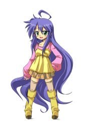 Rule 34 | 00s, 1girl, ahoge, blue hair, boots, collarbone, dress, green eyes, hand on own hip, izumi konata, knee boots, kusanagi mikoto (artist), long hair, long sleeves, lucky star, mole, mole under eye, open mouth, sleeves past wrists, solo, sweater, thighhighs, very long hair, white thighhighs, yellow footwear