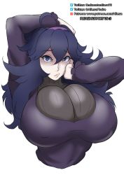 Rule 34 | 1girl, @ @, ahoge, arms up, artist name, blue eyes, blue hair, breasts, bursting breasts, covered erect nipples, creatures (company), dress, game freak, hair between eyes, hairband, hand on own head, hex maniac (pokemon), highres, huge breasts, lips, long hair, long sleeves, matching hair/eyes, messy hair, mkonstantinov, nintendo, parted lips, pokemon, pokemon xy, purple dress, simple background, solo, turtleneck, upper body, white background