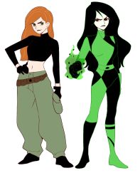 Rule 34 | 2girls, belt, black bodysuit, black gloves, black hair, black shirt, bodysuit, closed mouth, commentary, crop top, full body, gloves, green bodysuit, green eyes, green pants, hand on own hip, highres, inu draw, kim possible, kim possible (series), long hair, looking to the side, multiple girls, orange hair, pants, shego, shirt, simple background, smile, two-tone bodysuit, white background