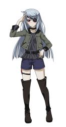 Rule 34 | 10s, 1girl, belt, black footwear, black thighhighs, boots, brown hair, eyepatch, full body, hand on own hip, highres, infinite stratos, laura bodewig, long hair, looking at viewer, shorts, silver hair, solo, thigh boots, thighhighs, transparent background
