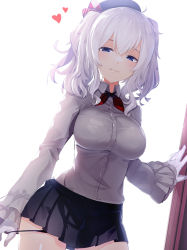 Rule 34 | 1girl, backlighting, black panties, black skirt, blue eyes, breasts, closed mouth, collared shirt, commentary request, cowboy shot, gloves, grey shirt, half-closed eyes, hat, heart, kantai collection, kashima (kancolle), large breasts, long hair, long sleeves, looking at viewer, meth (emethmeth), miniskirt, panties, panty pull, pleated skirt, red neckwear, shirt, skirt, smile, solo, standing, twintails, underwear, white gloves, white hair