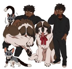 Rule 34 | 1boy, animal, animalization, black eyes, black footwear, black hair, black hoodie, black pants, cat, closed mouth, commentary, dark skin, deviidog0, dog, english commentary, facial hair, full body, goatee, grey cat, hand in pocket, hand on own face, highres, hood, hood down, hoodie, invisible chair, light-skinned palms, looking at viewer, male focus, neck ribbon, original, pants, petting, red ribbon, ribbon, short hair, simple background, sitting, solo, st bernard, standing, very dark skin, very short hair, white background